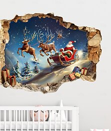 economico -adesivi murali natalizi 3d muro rotto slitta di Babbo Natale renna vinile rimovibile murale festa festa soggiorno ingresso decorazione murale casa atmosfera di festa