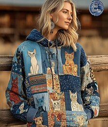baratos -Mulheres Pulôver Moletom Com Capuz Gráfico Geométrica Gato Vintage Casual Boho Manga Longa Com Capuz Tops regulares Rua Dia a Dia Patchwork Imprimir Bolso frontal Azul Primavera Outono Inverno