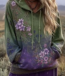baratos -Mulheres Pulôver Moletom Com Capuz Floral Gráfico Casual Boho Manga Longa Com Capuz Tops regulares Rua Dia a Dia Imprimir Bolso frontal Verde Primavera Outono Inverno