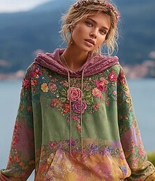 economico -Felpa con cappuccio vintage boho 3D stampata per donna felpa patchwork felpa con cappuccio floreale felpa a maglione casual maniche lunghe cappuccio abbigliamento quotidiano da strada tasca frontale