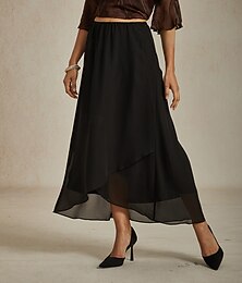 abordables -Femmes Jupe Élégant Maxi Taille haute Jupes Superposé Micro-Élastique Noir Été Chiffon