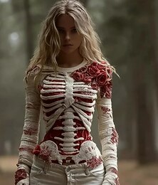 cheap -Women's Sweater Cute Streetwear Casual Graphic Skeleton Crew Neck Patchwork Knitted Long Sleeve Regular Tops Knit Black Red Fall Winter