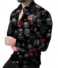 abordables -Homme Crânes Chemise Chemise d'été Chemise de Plage manche longue Hawaïen Occasionnel Horreur Vacances Rue Hawaïen Printemps & Automne Revers Imprimé Noir 1 Noir Rouge Gris Noir 2