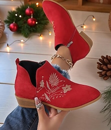 voordelige -Rode enkellaarsjes voor dames – imitatiesuède geborduurde rits lage haklaarsjes voor kerst, feestjes en casual stijl