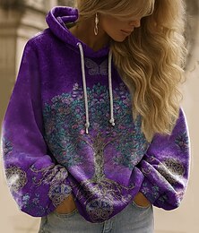 levne -Dámské Mikina s kapucí s kapucí Květinový Grafika Elegantní Teplé Aktivní Dlouhý rukáv Kapuce Běžné topy ulice Na den Ležérní Slátanina Tisk Vodní modrá Rubínově červená Fialová Fuchsiová Trávov