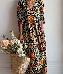 ieftine -Pentru femei Rochii Midi Rochie A line Vacanță Casual Zilnic Fit regulat Floral Grafic Manșon Lung În V Roz Îmbujorat Bleumarin Albastru piscină Trifoi Primăvară Toamnă