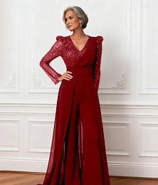 levne -Overal Šaty pro matku nevěsty Elegantní Zářivé Do V Na zem Šifón Dlouhý rukáv s Šerpa / Stuha Flitry