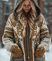 halpa -viikinki boho naisten neuletakki vintage päivittäin etninen tyyli geometrinen väriliukuvärjäys joustinneulos hupullinen taskunapit printti pitkähihainen pitkät topit neuloa ulko- viikonloppu keltainen