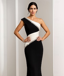 ieftine -Rochie de Seară Neagră și Albă Elegantă Rochie de Nuntă Formală Lungime Podea Fără Mâneci Umăr Unic Crep Elastic cu Glitter Rujat