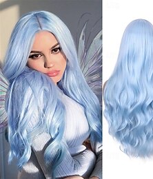 economico -parrucca blu lunga parrucca azzurra per donna in fibra sintetica resistente al calore onda completa 3d colore alla moda per cosplay &uso quotidiano