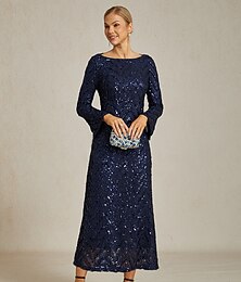 abordables -Femmes Robe Midi Robe fourreau Élégant Fête Anniversaire Soirée Cocktail Date Paillettes Coupe régulière Couleur Unie Géométrique manche longue Col ras du cou Col Bateau bleu marine