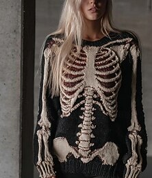 abordables -Halloween Pull Femme Squelette Mignon Streetwear Décontracté Graphique Squelette Col Ronde Patchwork Tricot Manches Longues Tops Réguliers TricotRouge Orange Automne Hiver