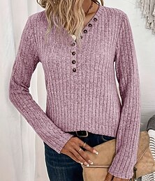 billiga -Dam Tröja Ledigt Mjukt Ren färg Ribbad V-hals Stickat Långärmad Vanliga toppar Sticka Utomhus Dagligen Helgen Rodnande Rosa Rubinrött Höst Vinter