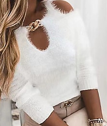 billiga -Dam Tröja Ledigt Mjukt Ren färg Ribbad Rund hals Stickat Kall axel Långärmad Vanliga toppar Sticka Utomhus Dagligen Helgen Vit Höst Vinter