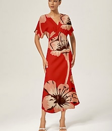 abordables -Robe longue en satin à imprimé floral pour femme, col en V, taille froncée, ourlet sirène, élégante, pour invité de mariage, printemps, été, automne