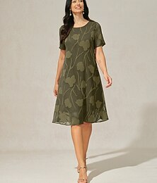 preiswerte -Damen Knielanges Kleid Chiffonkleid Elegant Lässig Lässiger Schnitt Blumen Kurzarm Rundhalsausschnitt Olive Sommer