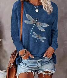 abordables -Mujer Camiseta Estampado Graphic Animal Libélula Vintage Elegante Clásico Manga Larga Cuello Barco Escote Redondo Tops regulares Diario Negro Azul Marino Azul claro Primavera Otoño Invierno