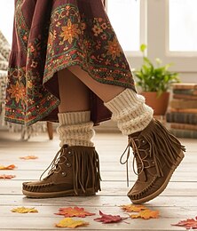 levne -dámské hnědé semišové třásňové kotníkové boty se šněrovacím designem pro boho styl - ideální na festivaly i každodenní nošení
