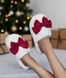 abordables -Chaussons en fausse fourrure pour femme avec nœud en satin rouge – Chaussures d'intérieur confortables pour les fêtes de Noël