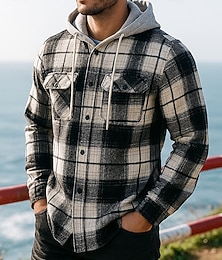 ieftine -Bărbați Jachetă din flanel jacquard Jachetă cu glugă Cu buzunare Manșon Lung Topuri Îmbrăcăminte Atletică Carou Rezistent la Vânt Cald Drumeție Călătorie Vacanță Echipament sportiv Îmbrăcăminte de