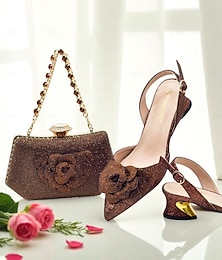 abordables -Ensemble de chaussures à talons hauts pailletés et pochette de soirée assortie pour femmes avec motif floral 3D pour événements formels et cocktails