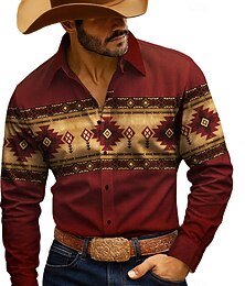economico -Per uomo Geometrico Azteco Etnico Camicia Camicia Western Camicia da cowboy Manica Lunga Vintage Retrò All'aperto Campeggio & Escursionismo Caccia Primavera Autunno Collo ripiegato Stampa 3D Camicie