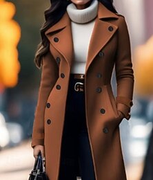 preiswerte -Damen Mantel Wolle Mantel Warm Bequem Tasche Knöpfe Elegant Einfach Outdoor Ausgehen Wochenende Lang Umlegekragen Normale Passform Langarm Oberbekleidung Braun Herbst Winter