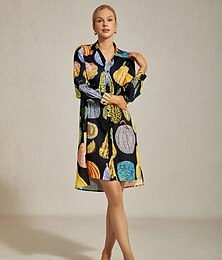 abordables -Robe chemise noire à imprimé citrouille pour femme, col en V, coupe ample, ourlet asymétrique, design fendu, élégante, stylée, pour le quotidien, le travail, les fêtes, l'automne