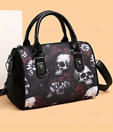 abordables -Sac à main pour femme imprimé tête de mort d'Halloween – Sac à bandoulière gothique en similicuir avec poignée supérieure pour tenues décontractées, de fête et de vacances