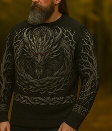preiswerte -Herren Tiermotiv Drache Wikinger Pullover Strickware Rundhalsausschnitt Retro Vintage Lässig Urlaub Täglich 3D-Druck warm halten Langarm Frühling Herbst Winter Dunkel Braun Schwarz