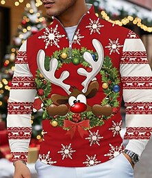 お買い得  -クリスマス 男性用 各 ポロ 長袖 ポロシャツ グランダッドカラー カジュアル 祝日 デイリーウェア フェスティバル衣装 3Dプリント クォータージップポロ 春 秋 冬 ブラック ルビーレッド グリーン