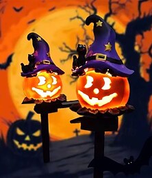 abordables -Lot de 2 lampes solaires d'extérieur en résine pour Halloween, lanterne citrouille, chapeau de sorcier, lumière fantôme, éclairage de pelouse extérieur étanche pour cour, chemin, cimetière, jardin,