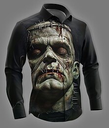 economico -Halloween Per uomo Zombi Horror Camicia Camicia con Bottoni Manica Lunga Stile gotico oscuro Ferie Abbigliamento casual alla moda Primavera Autunno Collo ripiegato Stampa 3D camicie con colletto Nero