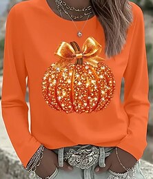 abordables -T shirt femme graphique citrouille crâne mode vintage élégante manches longues col rond tops réguliers impression quotidienne week-end noir blanc rose bleu violet printemps automne hiver