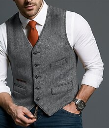 economico -Per uomo Gilet in tweed Gilet Formale Matrimonio Vacanza Affari Punk Vintage Primavera Autunno Tasca Bottoni Poliestere Confortevole Spina di Pesce Monopetto Scollo a V Vestibilità aderente Nero Vino