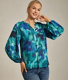 preiswerte -Weiblich Blumenmuster Lässig Grün Langarm V Ausschnitt Sommer Frühling
