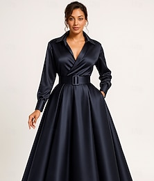 preiswerte -A-Linie Asymmetrisch Bodenlang Abendkleid Flattriges Kleid Langarm Hemdkragen Elegant Vintage Formell Satin Brautmutterkleid mit Schleife(n)