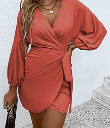 economico -Per donna Abito Midi Vestito Casual Abito da lavoro Abito in Raso Elegante Moda Moderno All'aperto Quotidiano Uscire Vestibilità regolare Semplice Manica Lunga Scollo a V Nero Giallo Rosso Arancione