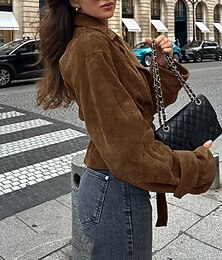 Недорогие -Жен. Кожаные куртки Зимнее пальто Куртка Сохраняет тепло Удобный галстук спереди Мода Полотняное плетение Отпуск Для улицы Повседневные На выход Обычная Отложной Стандартный Длинный рукав