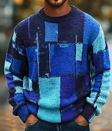 preiswerte -Herren Farbblock Abstrakt Pullover Strickware Rundhalsausschnitt Lässig Urlaub Heim Straße 3D-Druck Stricken warm halten Langarm Frühling Herbst Winter Blau Orange Grün