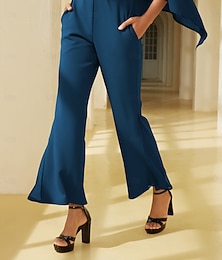 abordables -Pantalones de campana de modal butterflex azul oscuro para mujer con paneles transparentes de gasa whisperflow, pierna acampanada, cintura elástica, elegantes, cómodos, para uso diario y trabajo, otoño.