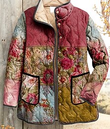 preiswerte -Damen Winterjacke Steppjacke Warm Leicht Druck Aktiv Vintage Niedlich Künstlerisch Blumen Lässig Regulär Stehkragen Normale Passform Langarm Oberbekleidung Rosa Orange Herbst Winter