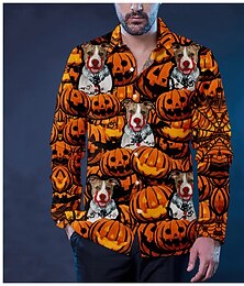 economico -Halloween Per uomo Cane Lanterna Faccia Camicia Camicia da Spiaggia Manica Lunga Vintage Orrore Vacanza Streetwear Ferie Primavera & Autunno Bavero Stampato Rosso arancione Arancione / Grigio Giallo