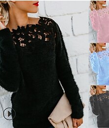 abordables -Femmes Pull Élégant Occasionnel Doux Couleur Unie Côtelé Col ras du cou Dentelle Patchwork Tricoté manche longue Hauts Réguliers Tricoter Extérieur Quotidien Week-end Noir Rose Claire Automne Hiver