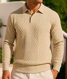 お買い得  -男性用 ジャカードニットシャツ カジュアルポロシャツ ジャカード 長袖 トップス アスレイジャー 秋 ソリッド ファッション 屋外 トラベル スポーツ スポーツウェア アクティブウェア ブラック ブルー カーキ色