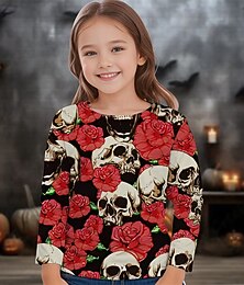 billiga -Halloween Flickor 3D Blommig Dödskalle T-shirt Långärmad Vår Höst Mode Grundläggande Barn 4-12 år Rund hals Utomhus Ledigt Dagligen Normal
