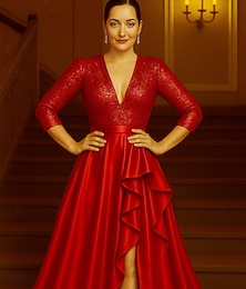 voordelige -A-lijn Tot de grond Avondjurken Baljurk  Formele kleding Elegant Vintage Zijdeachtig 3/4 mouw V-hals Formeel Bruiloft Zak Stretchsatijn met Geplooid