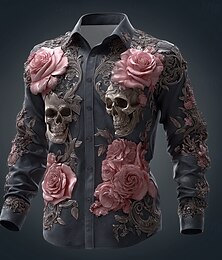 economico -Per uomo Teschi cool Giorno dei Morti Fiori Camicia Camicia con Bottoni Manica Lunga Gotico punk oscuro All'aperto Ferie Primavera Autunno Collo ripiegato Stampa 3D Camicia tipo lino Nero 1 Nero