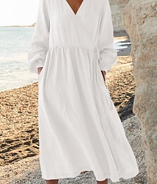 abordables -Femmes Robe Midi Robe trapèze Occasionnel Quotidien Coupe Ample Uni manche longue Col en V Noir Blanche Jaune Rouge Été Printemps Automne