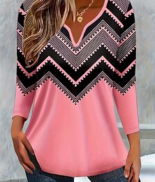 Недорогие -Жен. Футболка Омбре Графика Геометрический принт Винтаж Стиль Классика Длинный рукав V-образный вырез Зубчатая шея Обычные топы Повседневные выходные С принтом Белый Розовый Красный Светло-синий